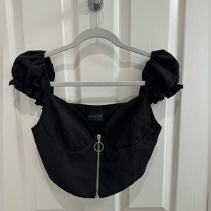 White Fox Boutique Zip-up Crop Top with Puff Sleeve